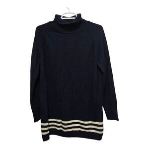 Rokoko Navy Sweater Dress Small Striped Hem Mock Neck